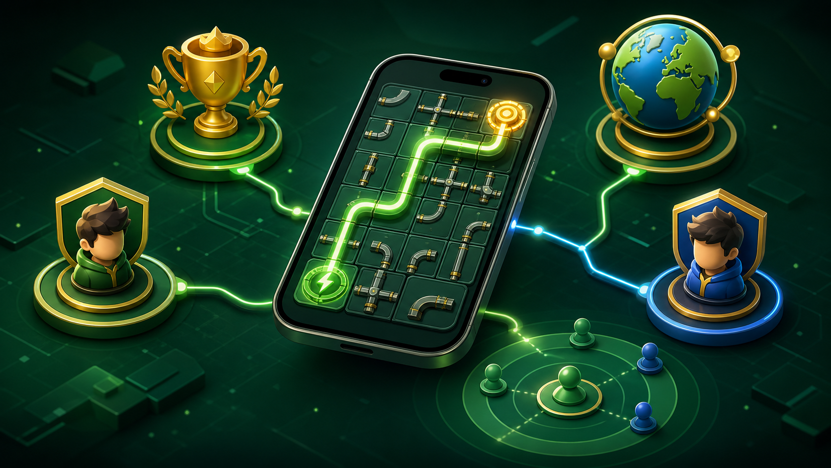 3D illustration of Circuit Couriers route puzzle, rivals, cup, world league and nearby matching
